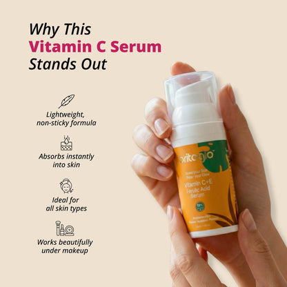 Vitamin C serum bottle held by a hand with product features listed on a beige background