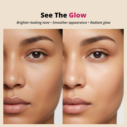 Before and after comparison of a woman's face with text 'See The Glow' on a beige background.