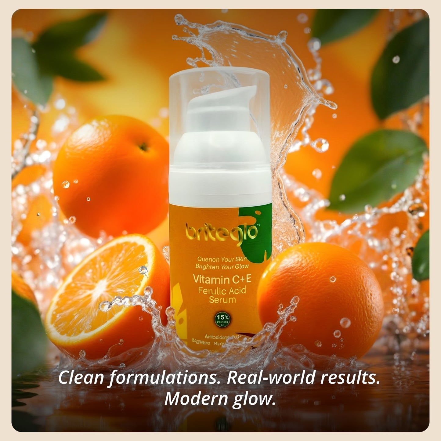Serum bottle with oranges and water splash on a vibrant background