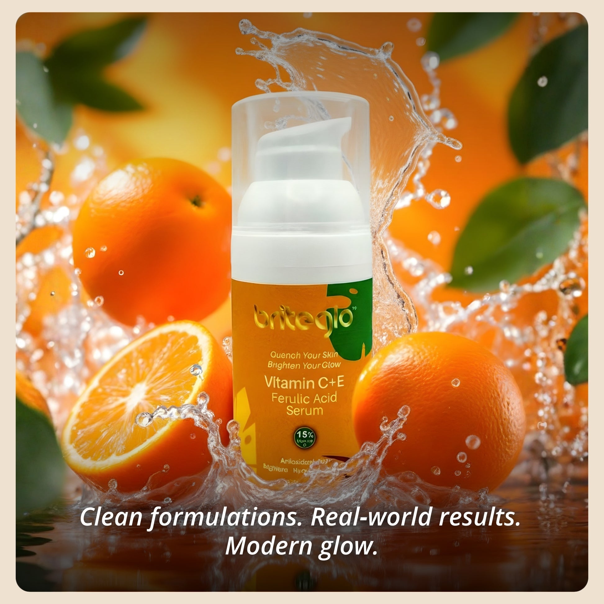 Serum bottle with oranges and water splash on a vibrant background
