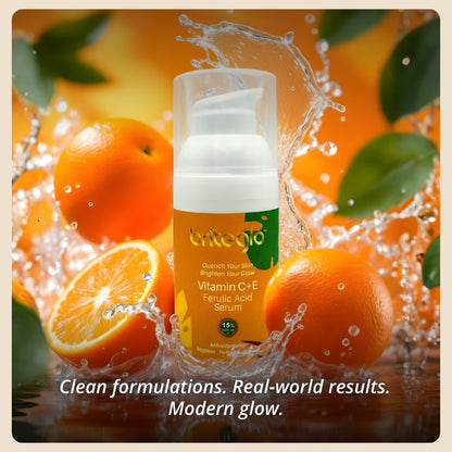 Serum bottle with oranges and water splash on a vibrant background