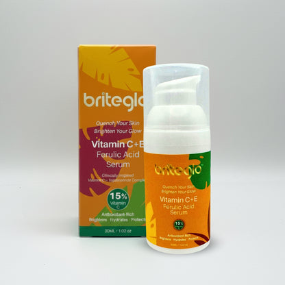 Briteglow Vitamin C+E Serum with packaging on a white background