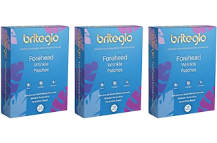 Three boxes of britegio Forehead Wrinkle Patch packaging on a white background